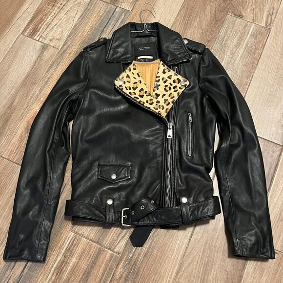 Scotch & Soda Womens Black Leather & Leopard Trim Biker Jacket NWOT Small - Picture 2 of 12